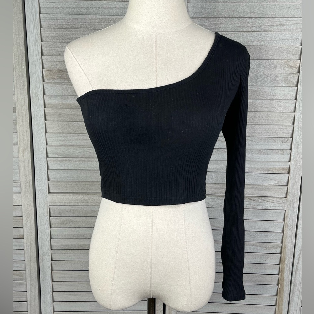 PRINCIE APPAREL One Shoulder Long Sleeve Ribbed Crop Top Black-Medium